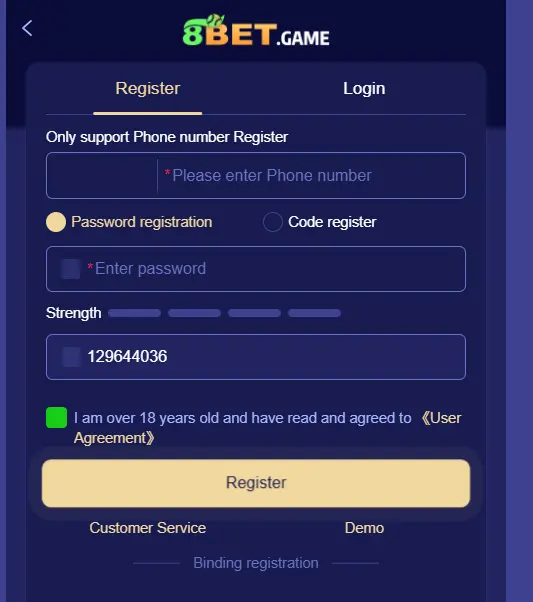 register into 8bet Game