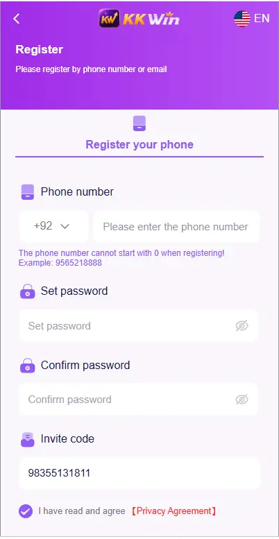 KK WIN Game registration page